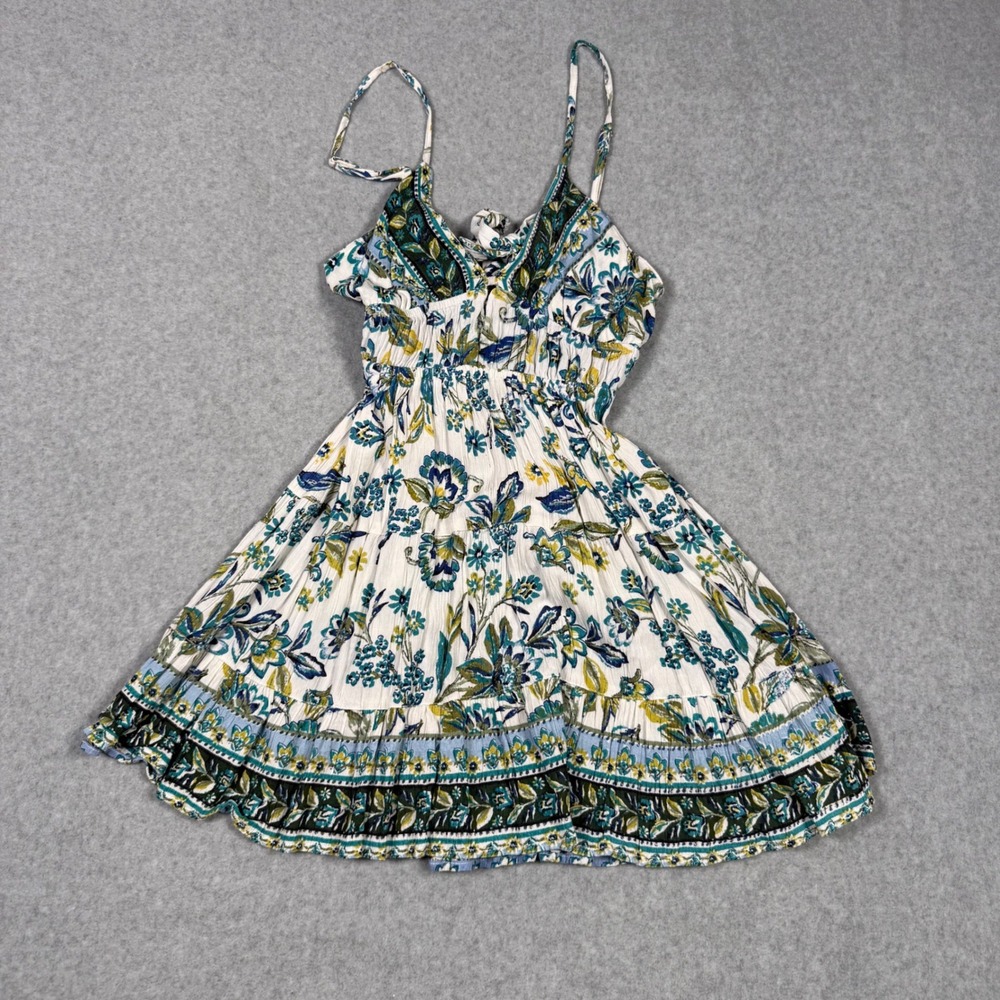 Angie Floral Boho Micro Mini Dress Small Blue Green Smocked Babydoll Open Back